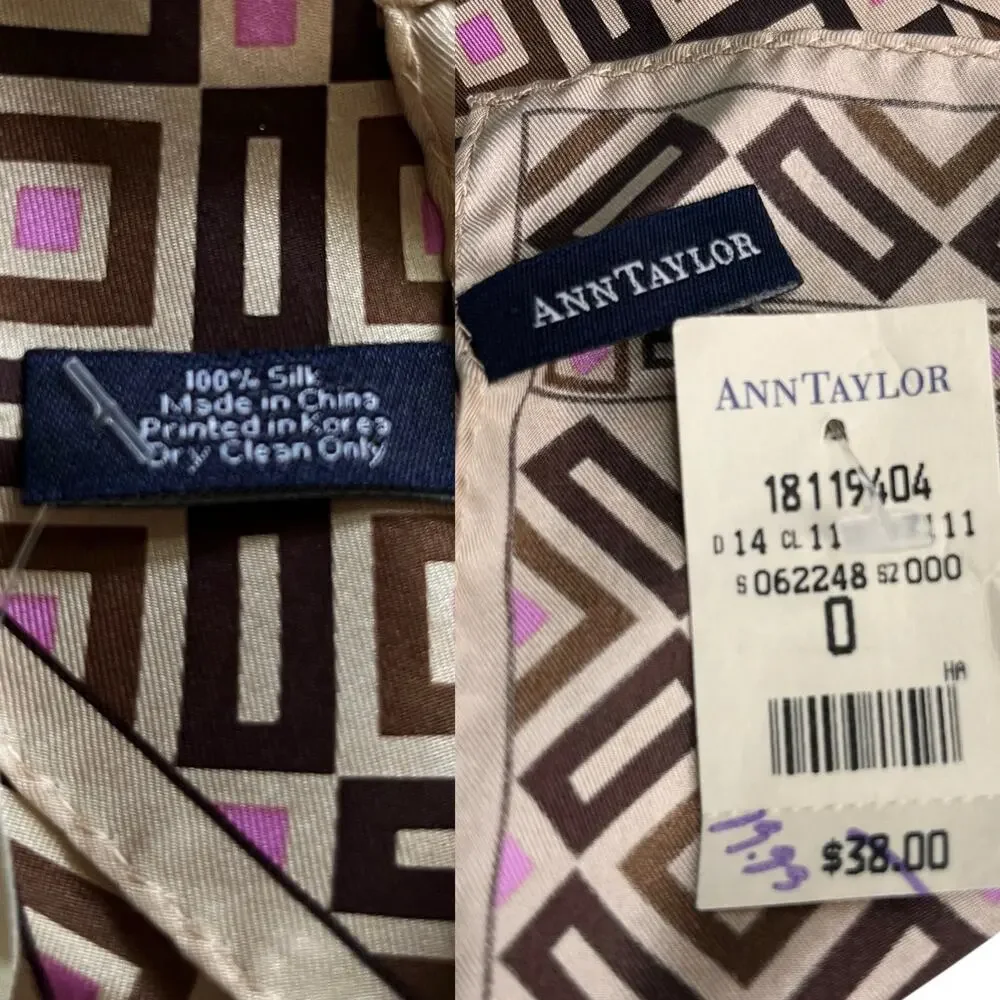 Vintage Ann Taylor Silk Scarf Geometric Brown Beige Pink New